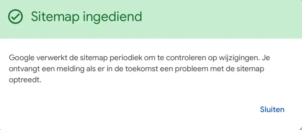 Een melding van Google Search console dat de sitemap is ingediend.