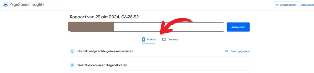 PageSpeed Insights keuze tussen mobiel of deskop om de laadtijd te bekijken.