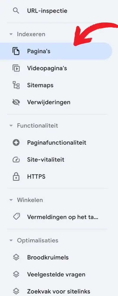 Pagina's stukje in Google Search console.